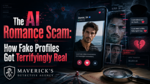 Image of phone with a man on it, with notes showing the profile is AI generated. The writing says "The AI Romance Scam: How Fake Profiles got Terrifyingly Real" and also includes a tagline for Maverick's Detective Agency